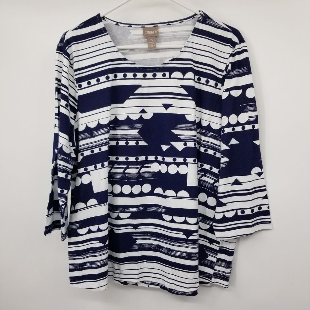 Chico's Navy and White Patterned Cotton Blend Top